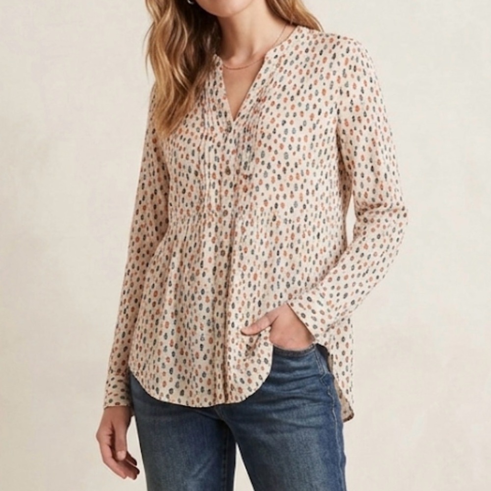 Maeve Anthropologie Novelty‎ Print Pintuck Button Front Rayon Blouse Cream Multi